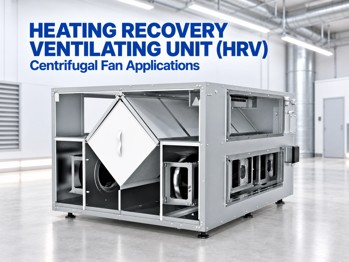Heat recovery ventilating unit (HRV) cutaway with counter-flow plate heat exchanger and two EC centrifugal fans for supply and extract air